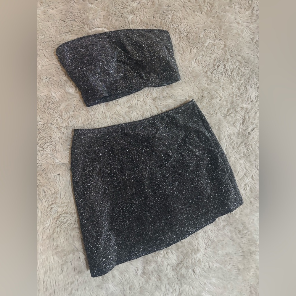 🔥 VICTORIAS SECRET PINK Glitter Black Mini Skirt and top swim outfit